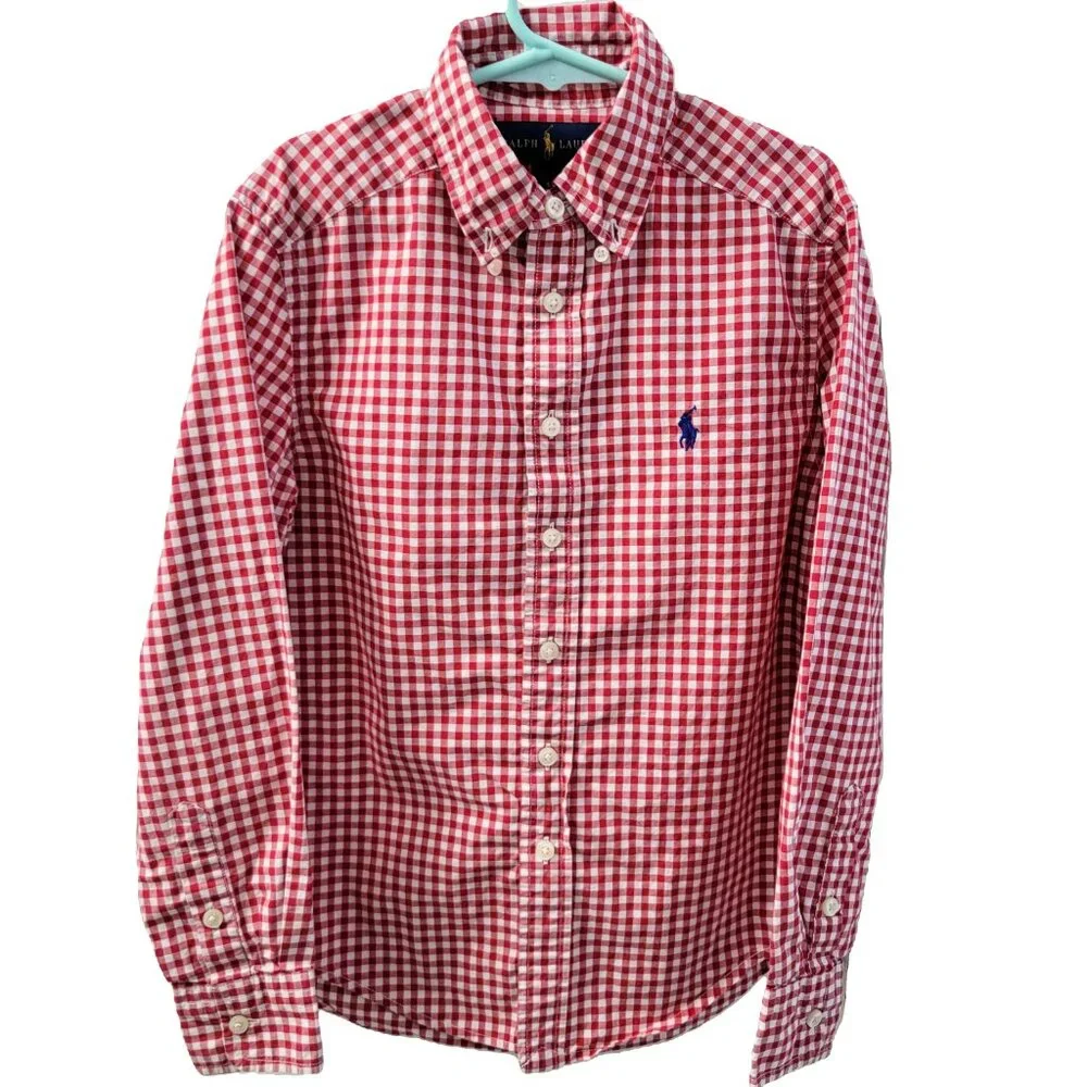 Ralph Lauren Gingham Shirt Red White Long Sleeve Button Down Collar Size Small 8